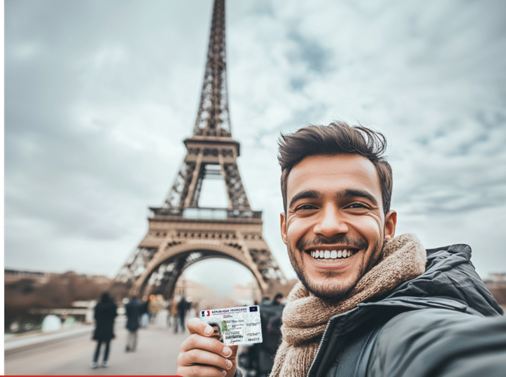 garçon debout devant la tour eFile avec son passeport