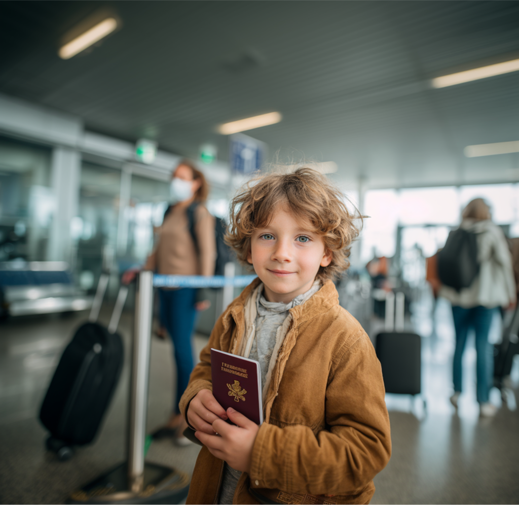 enfants avec un passeport à l'aéroport